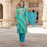 Traditional Bandhani Print Salwar Suit, Turquoise and Green, Embellished Neck, 3-Piece Set with Dupatta