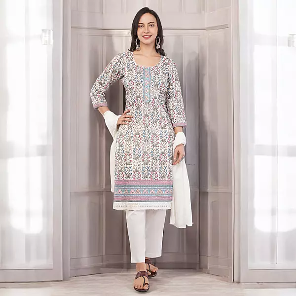 Floral Print Cotton Salwar Suit Set with Embroidered Details, 3/4 Sleeves, White Dupatta