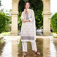 Traditional Printed Salwar Suit Set with Dupatta, White and Grey, 3/4 Sleeve Kurta with Pants