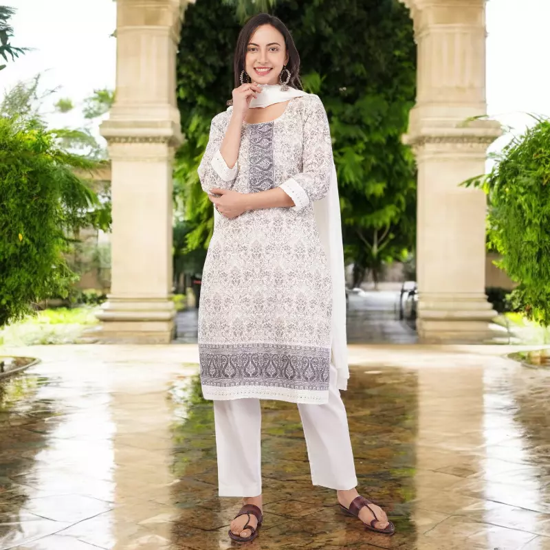Traditional Printed Salwar Suit Set with Dupatta, White and Grey, 3/4 Sleeve Kurta with Pants