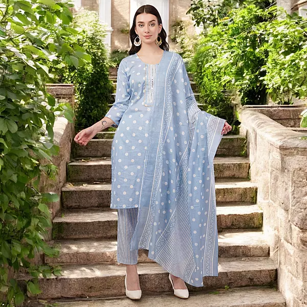 Polka Dot Cotton Salwar Suit Set with Striped Palazzo, 3/4 sleeves, Light Blue and White