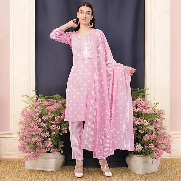 Pink Polka Dot Cotton Salwar Suit Set, 3/4 Sleeves, Striped Pants with Dupatta