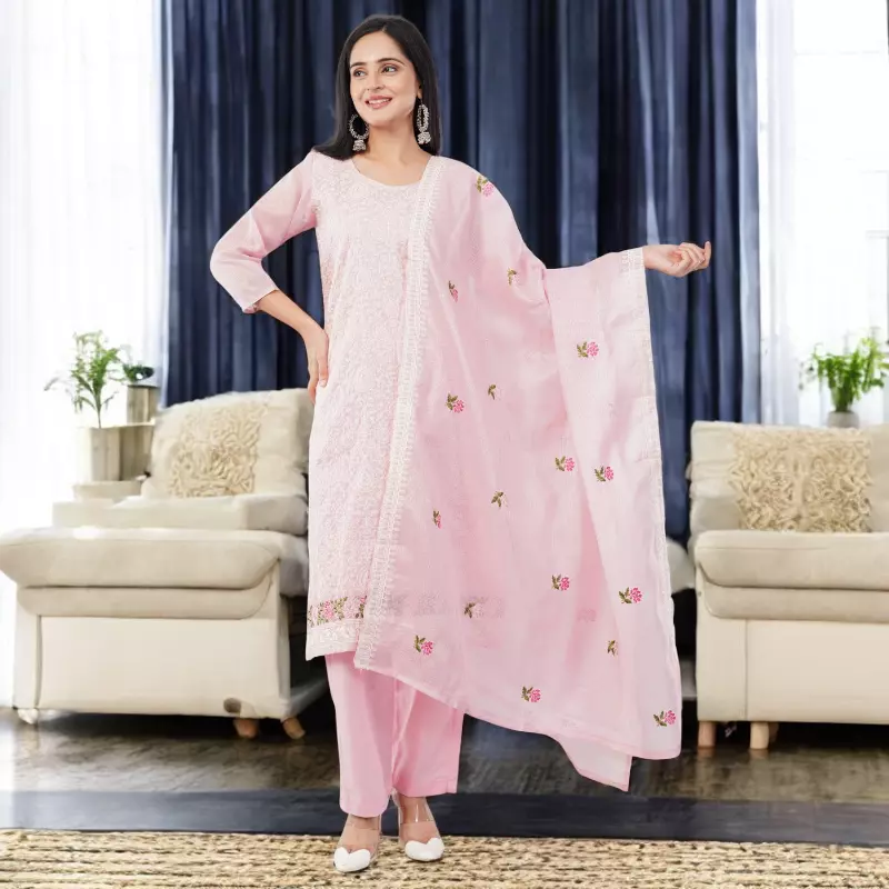 PINK COTTON BLEND SALWAR SUIT SET WITH FLORAL PRINT