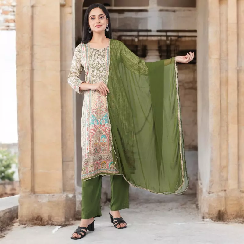 GREEN PRINTED COTTON SALWAR SUIT SET - PAISLEY PATTERN