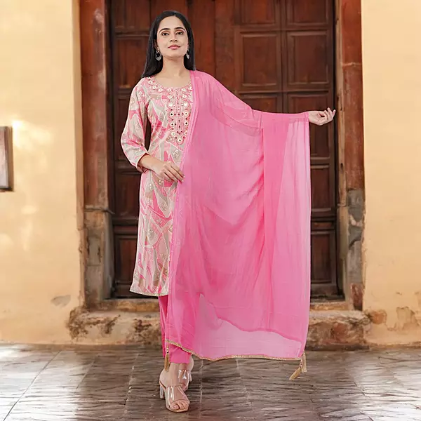 PINK EMBROIDERED COTTON SALWAR SUIT SET