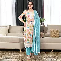 TURQUOISE FLORAL PRINT COTTON SALWAR SUIT SET