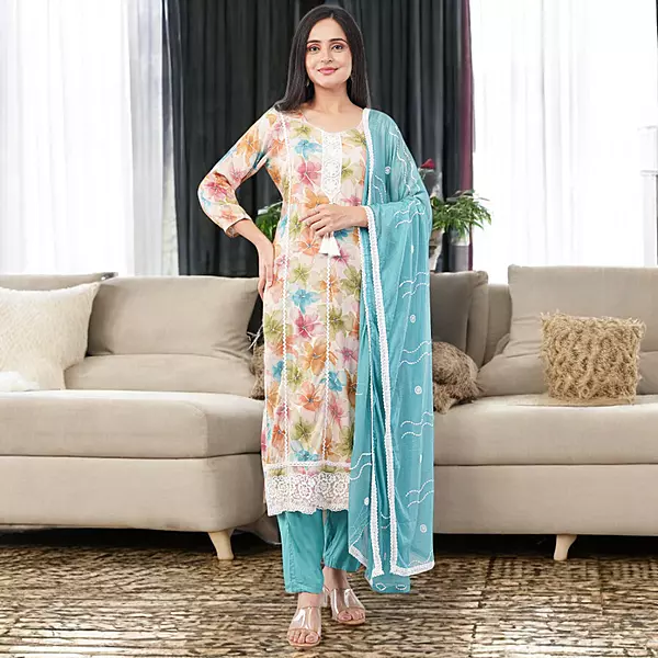 TURQUOISE FLORAL PRINT COTTON SALWAR SUIT SET