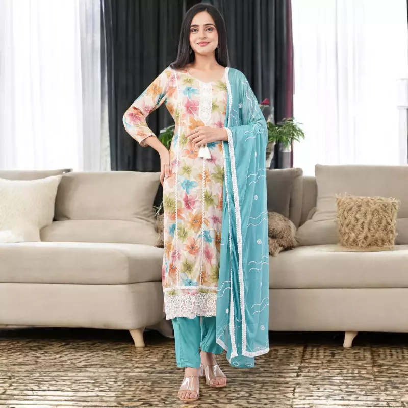 TURQUOISE FLORAL PRINT COTTON SALWAR SUIT SET
