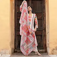 CORAL AND YELLOW BLOCK PATTERN PRINTED SUIT SET