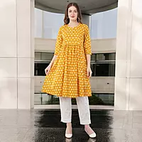 Anarkali Printed Yellow Cotton Kurta / kurti for Women, Knee Length