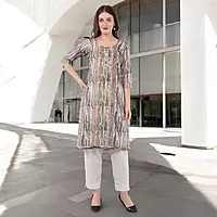 Women's Printed and Embroidered Chikankari Kurta, 3/4 Sleeves, Knee Length