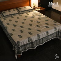Motif Hand Block Print Cotton Bedsheet - Blue Floral Frame Motif Hand Block Print Cotton Bedsheet - Blue Floral Frame