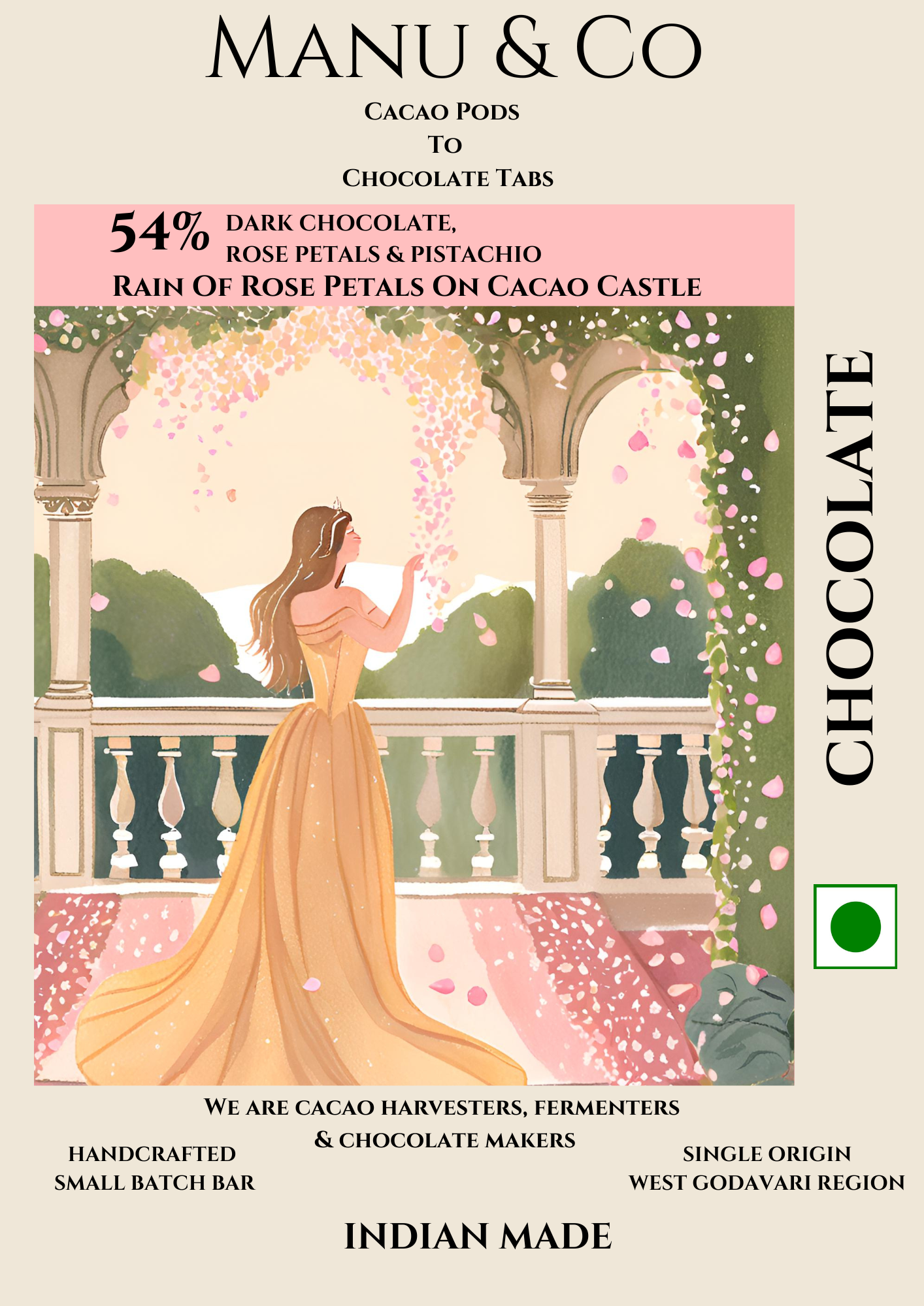 54% Dark Chocolate , Rose Petals & Pistachio