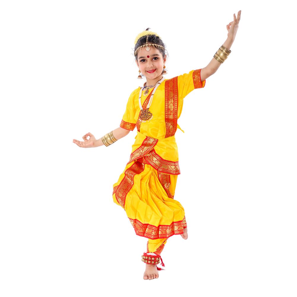 Bharatanatyam Dance Costume for Girls – Yellow with Red Border