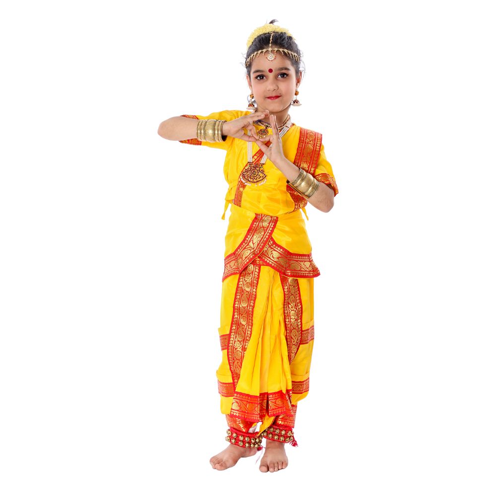 Bharatanatyam Dance Costume for Girls – Yellow with Red Border