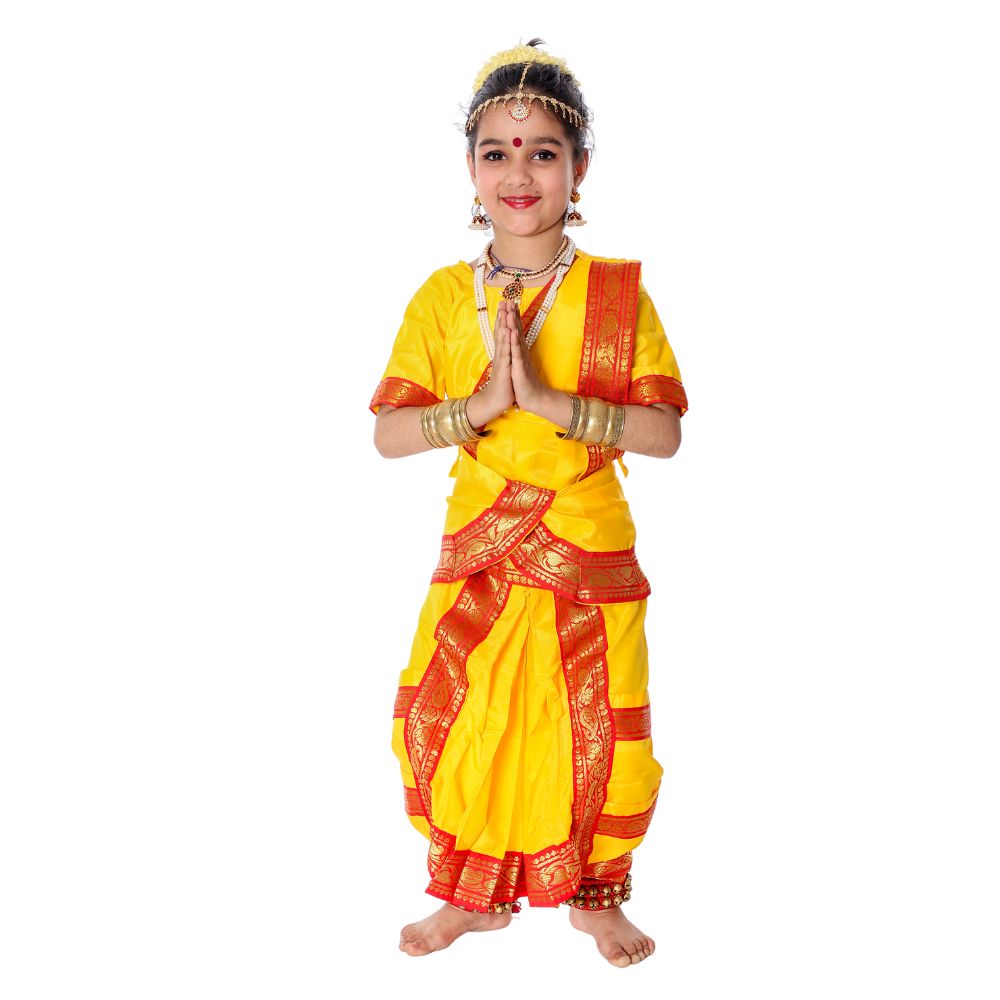 Bharatanatyam Dance Costume for Girls – Yellow with Red Border