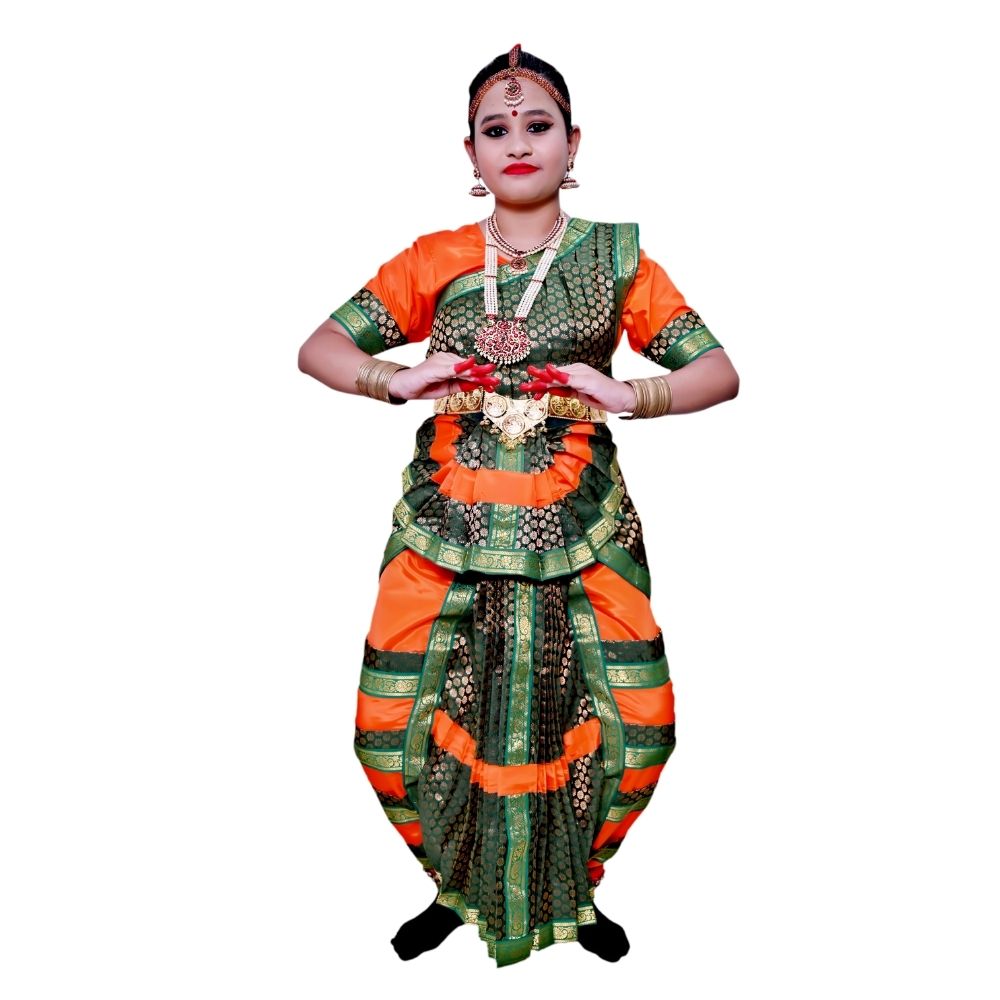 Bharatanatyam Dance Dress in Green & Orange Bharatanatyam Dance Dress in Green & Orange