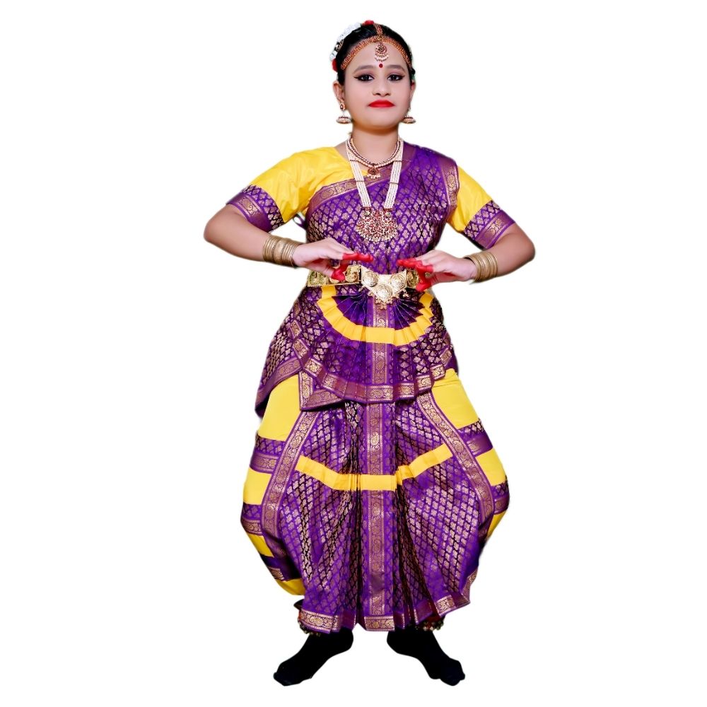Bharatanatyam Dance Dress In Yellow & Purple Bharatanatyam Dance Dress In Yellow & Purple