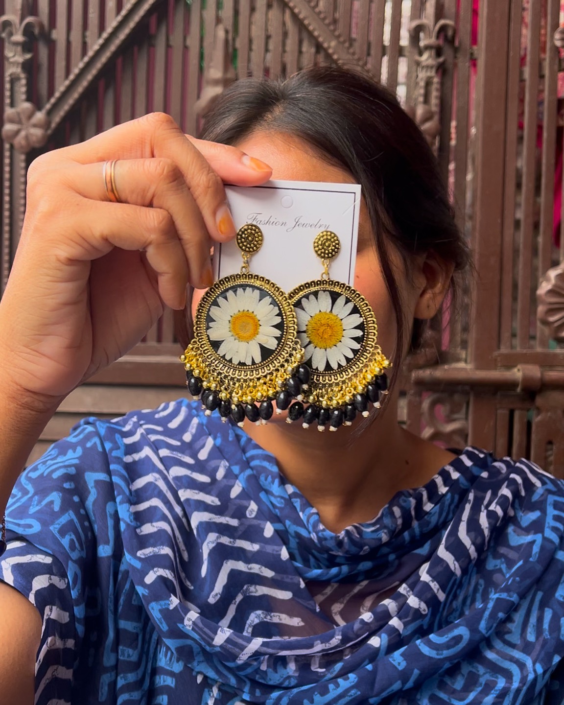 Round Golden Daisy Jhumka (black beads) Round Golden Daisy Jhumka (black beads)