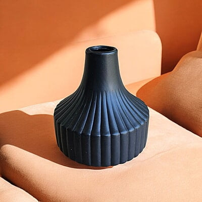 Black Ceramic Vase with Ribbed Design