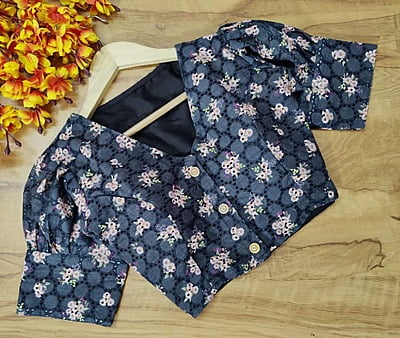 Hakoba Printed Blouse with cotton lining-Black-Front