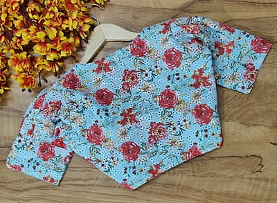 Hakoba Printed Blouse with cotton lining-Blue-Back