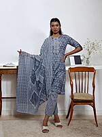 GREY COTTON SALWAR SUIT SET WITH FLORAL PRINT