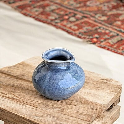 Blue Ceramic Vase with Cracked Glaze