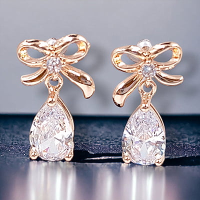 Crystal Stone Teardrop Bow Studded Rose Gold Earrings Crystal Stone Teardrop Bow Studded Rose Gold Earrings