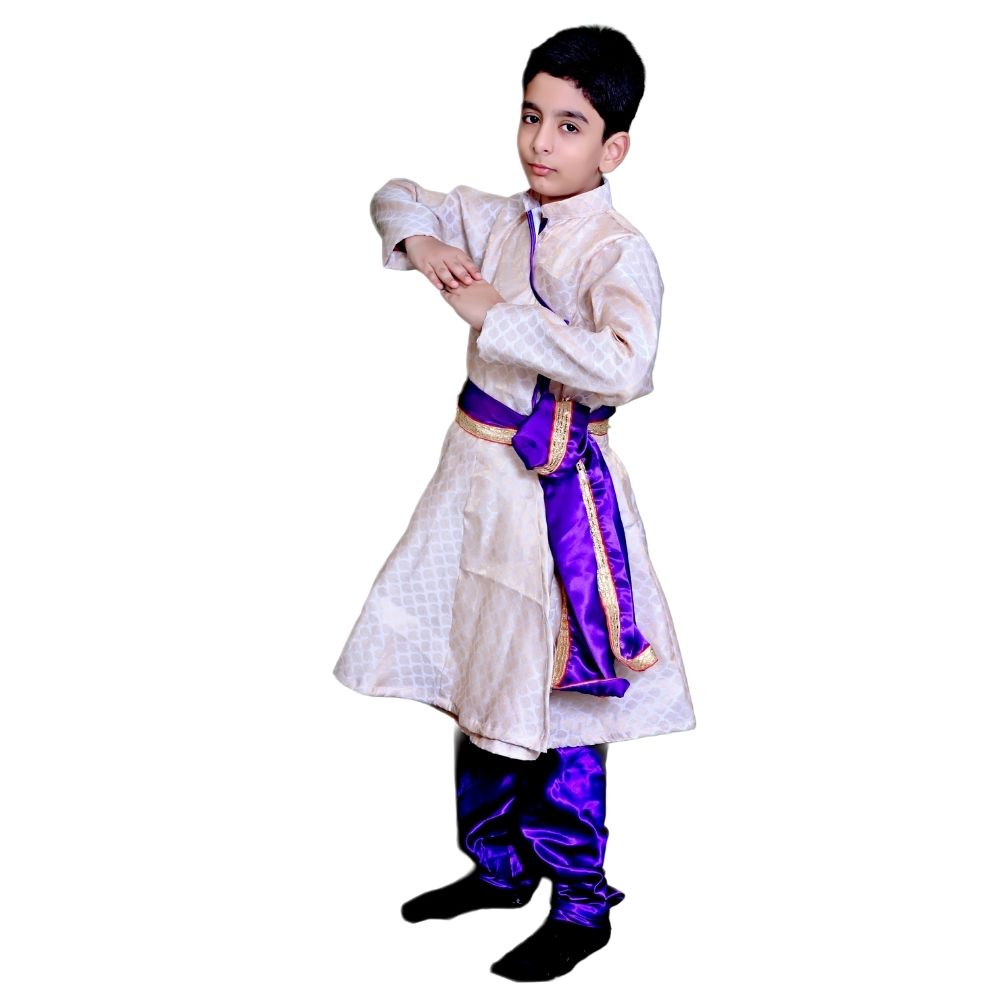 Boys Kathak Fancy Dress Costume – White & Royal Blue Angrakha Set