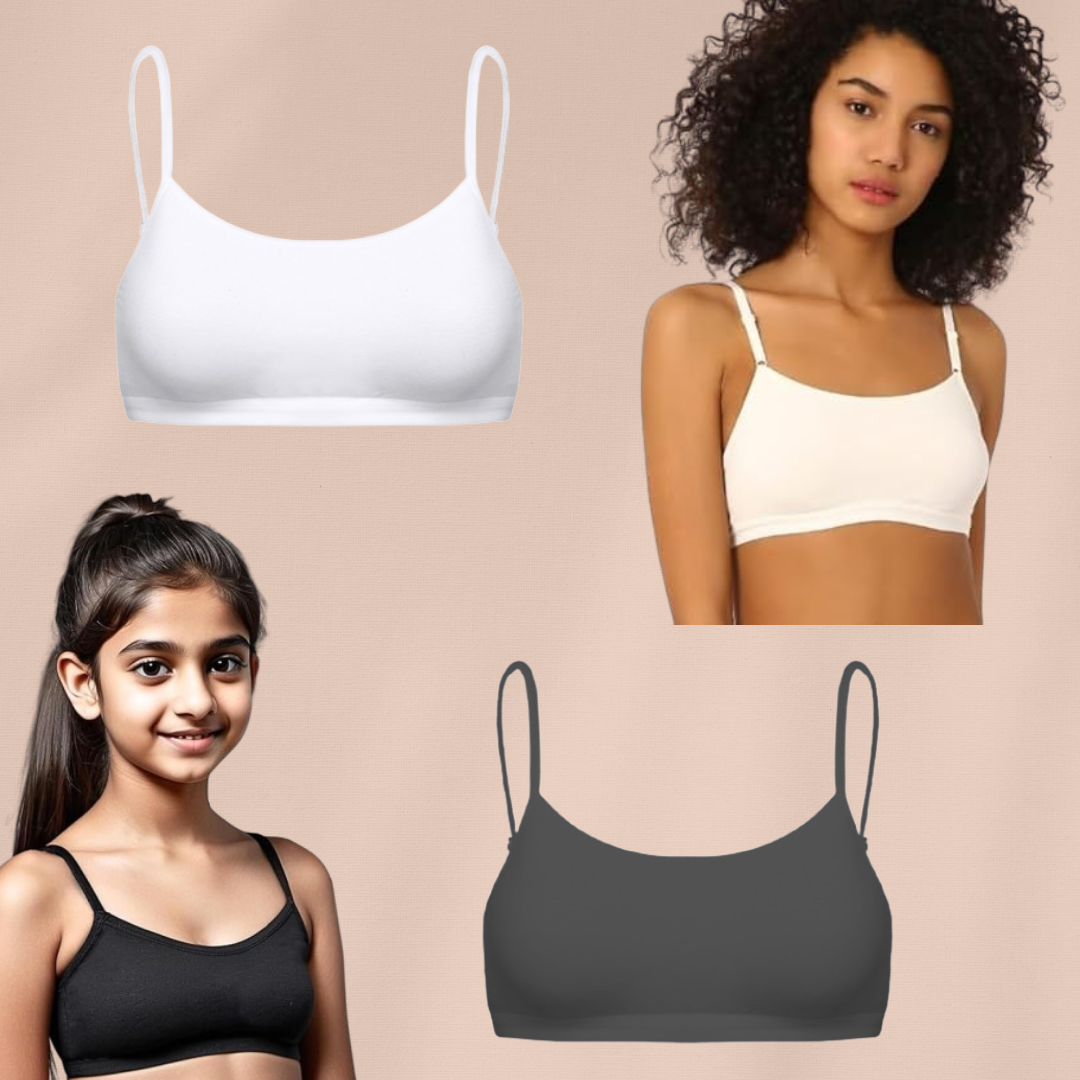 Girls Padded Training Bra, Crop Cami Training Bras for Girls. Sports bra with Non-Removable Padding, Uniform bra, Starter Bra, Begginers Bra White and Black (pack of 2)