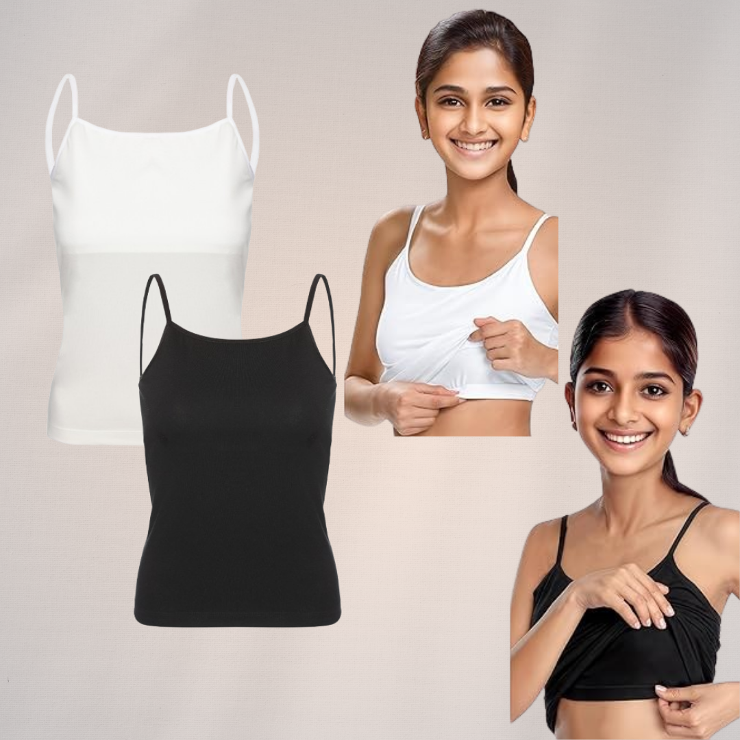 Padded Tank Top For Teens | Flat Padding Covers Nipple Buds | Perfect To Wear Under School Uniform pack of 2 white and black