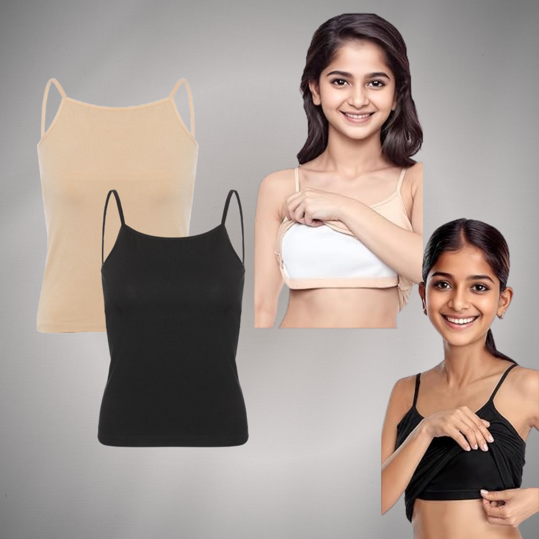 Padded Tank Top For Teens | Flat Padding Covers Nipple Buds | Perfect To Wear Under School Uniform pack of 2 beige and black