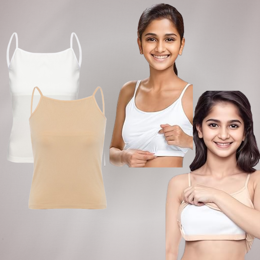 Padded Tank Top For Teens | Flat Padding Covers Nipple Buds | Perfect To Wear Under School Uniform pack of 2 beige and white