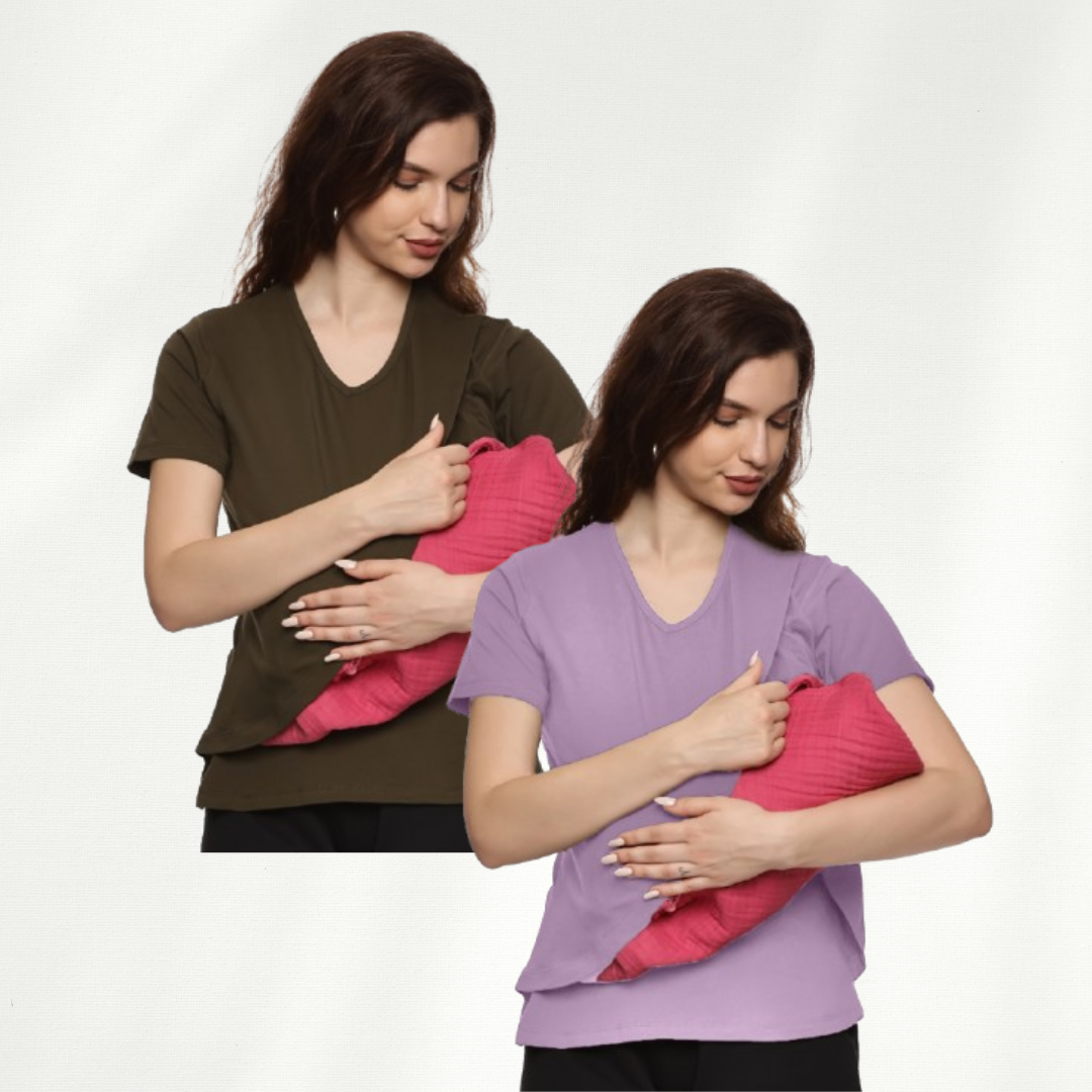 KIKWIT Maternity Feeding Tops Without Zip for Women, Feeding Coverup Pregnancy Tshirt,Feeding T-Shirt for Easy Nursing & Breastfeeding, Maternity Top Wear for Mothers (pack of 2)