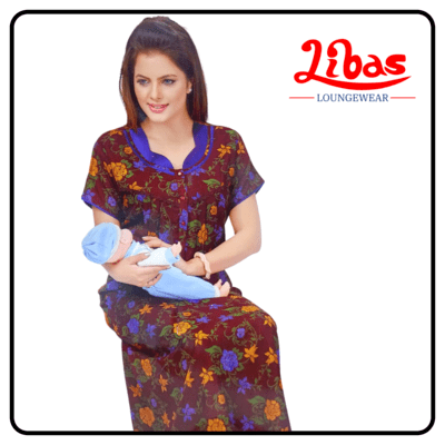 Brown floral print pleated bizilizi feeding nighty with side zips from libas loungewear - FNT002 Brown floral print pleated bizilizi feeding nighty with side zips from libas loungewear - FNT002