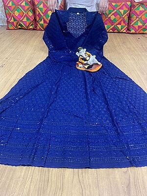 Chikan Embroidered Anarkali-NavyBlue