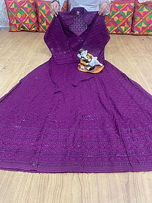 Chikan Embroidered Anarkali-Wine
