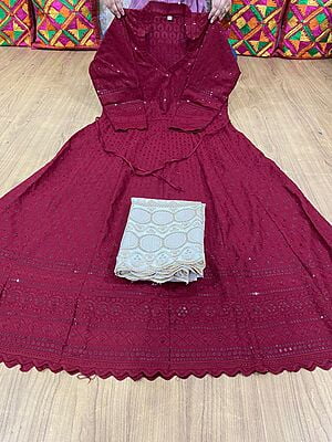 Chikan Anarkali Zari Palazzo-Maroon