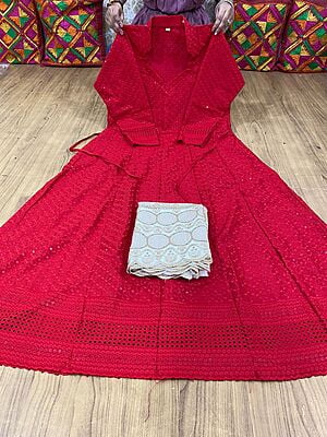 Chikan Anarkali Zari Palazzo-Red