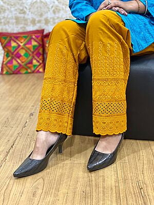 Cotton Chikan Palazzo-Mustard