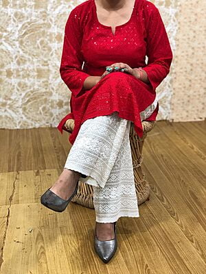 Chikan Kurti Chikan Palazzo Set-Red Chikan Kurti Chikan Palazzo Set-Red