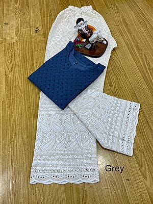 Chikan Kurti Cutwork Palazzo-Grey
