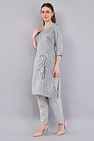 Women's Cotton Salwar Suit Set, Grey Printed Kurta with Geometric Pattern