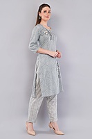 Women's Cotton Salwar Suit Set, Grey Printed Kurta with Geometric Pattern