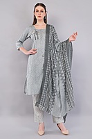 Women's Cotton Salwar Suit Set, Grey Printed Kurta with Geometric Pattern