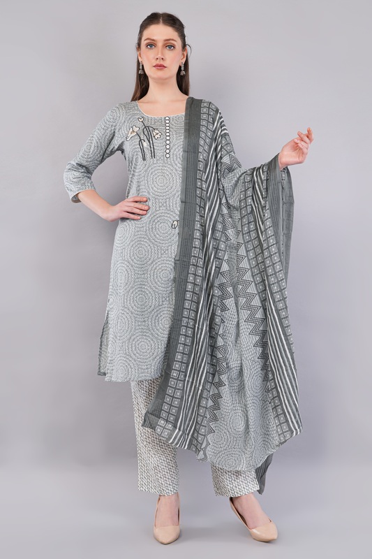 Women's Cotton Salwar Suit Set, Grey Printed Kurta with Geometric Pattern