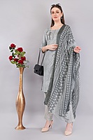 Women's Cotton Salwar Suit Set, Grey Printed Kurta with Geometric Pattern
