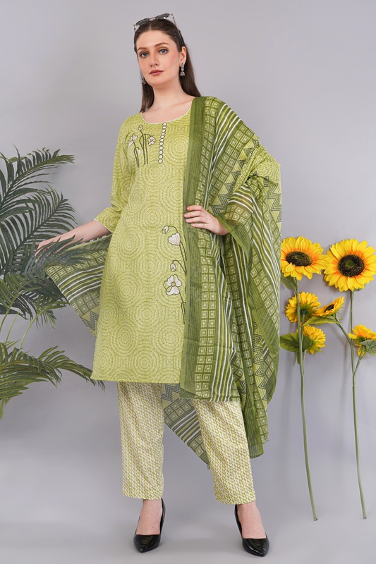 Women's Cotton Salwar Suit Set, Green Printed Kurta with Geometric Pattern Dupatta, 3/4 Sleeve Women's Cotton Salwar Suit Set, Green Printed Kurta with Geometric Pattern Dupatta, 3/4 Sleeve