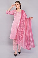 Cotton Salwar Suit Set with Printed Kurta, Pant and Dupatta, Pink